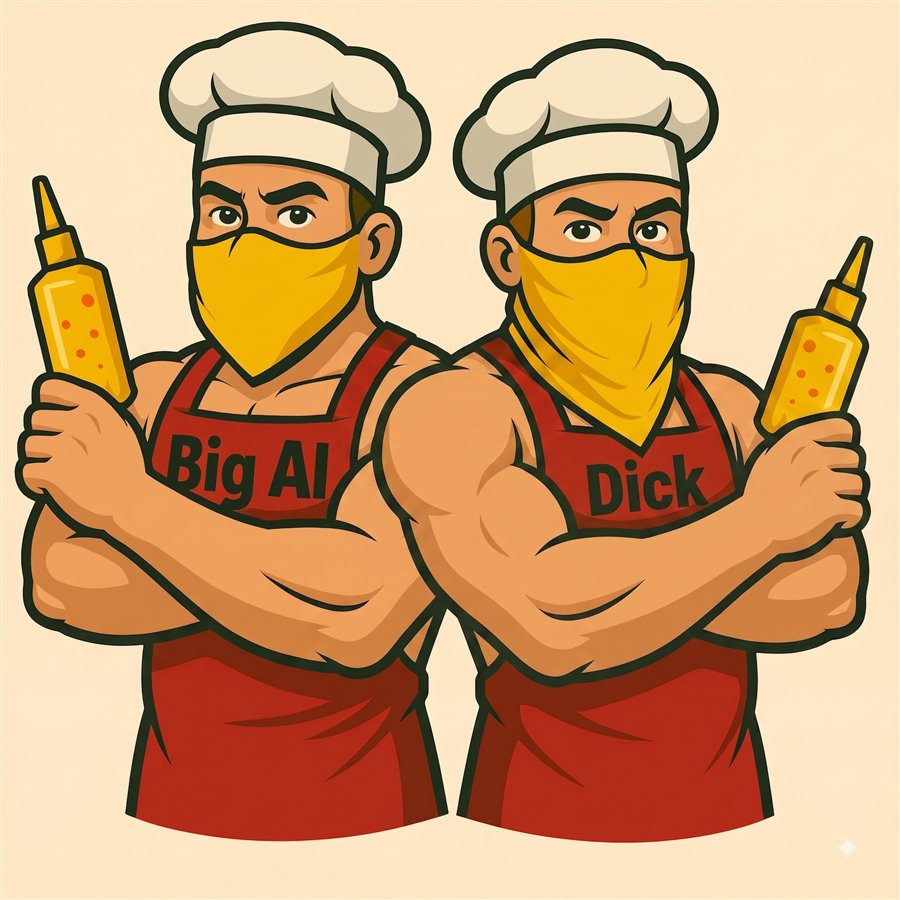 Big Al and Big D in chef hats and yellow bandanas, arms crossed, each holding a squeeze bottle of mustard