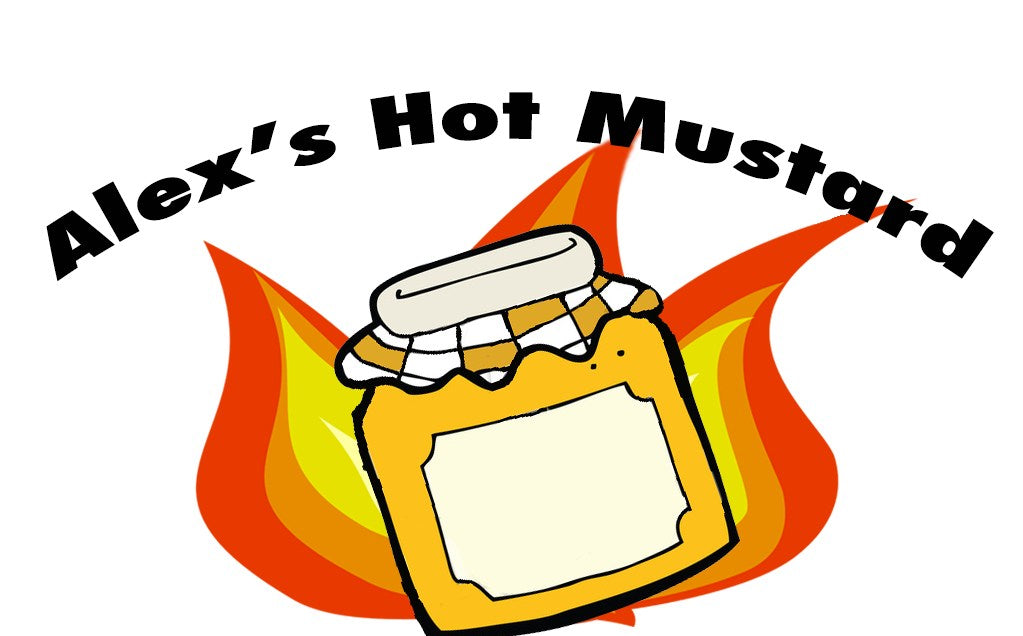 The original Alex's Hot Mustard label: a jar in front of flames